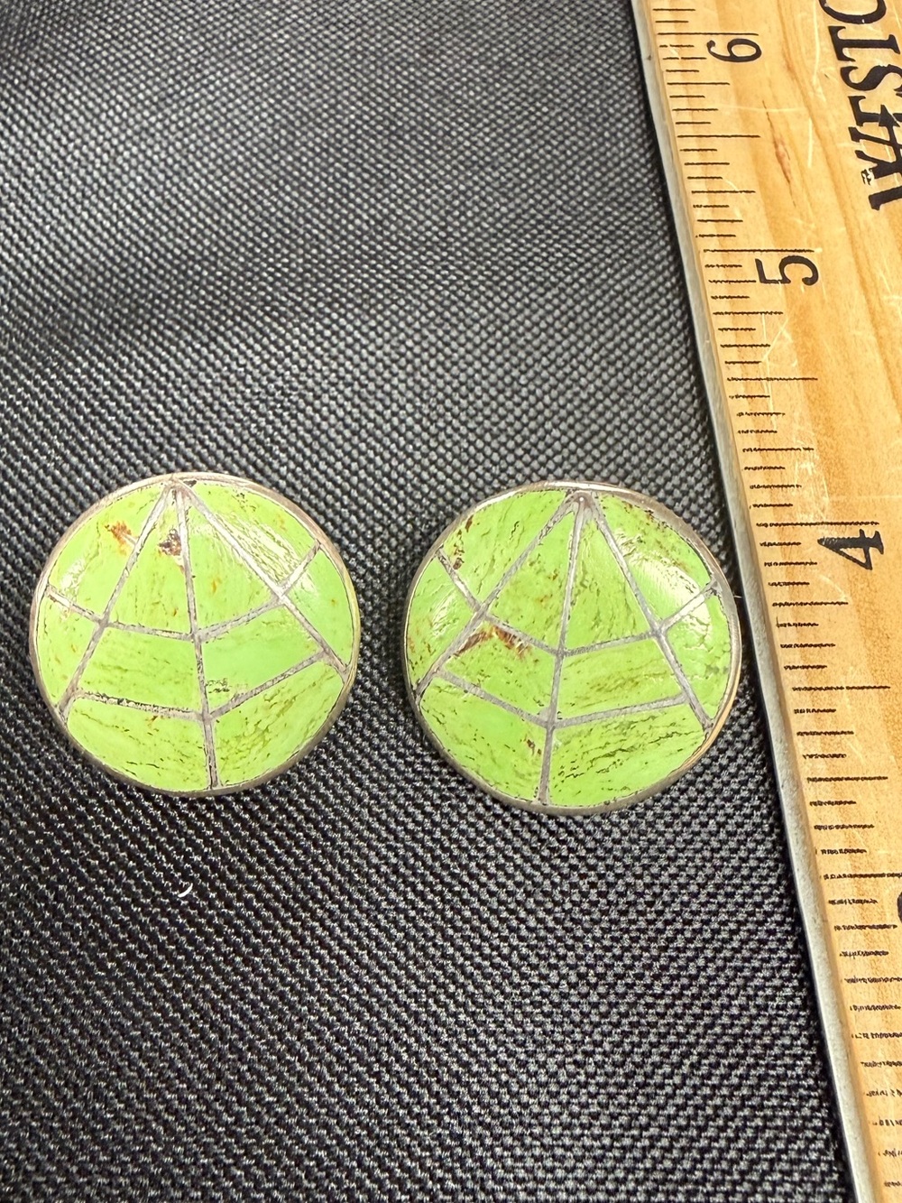 Neon Green Gaspite Spiderweb Motif Inlay Stud Earrings